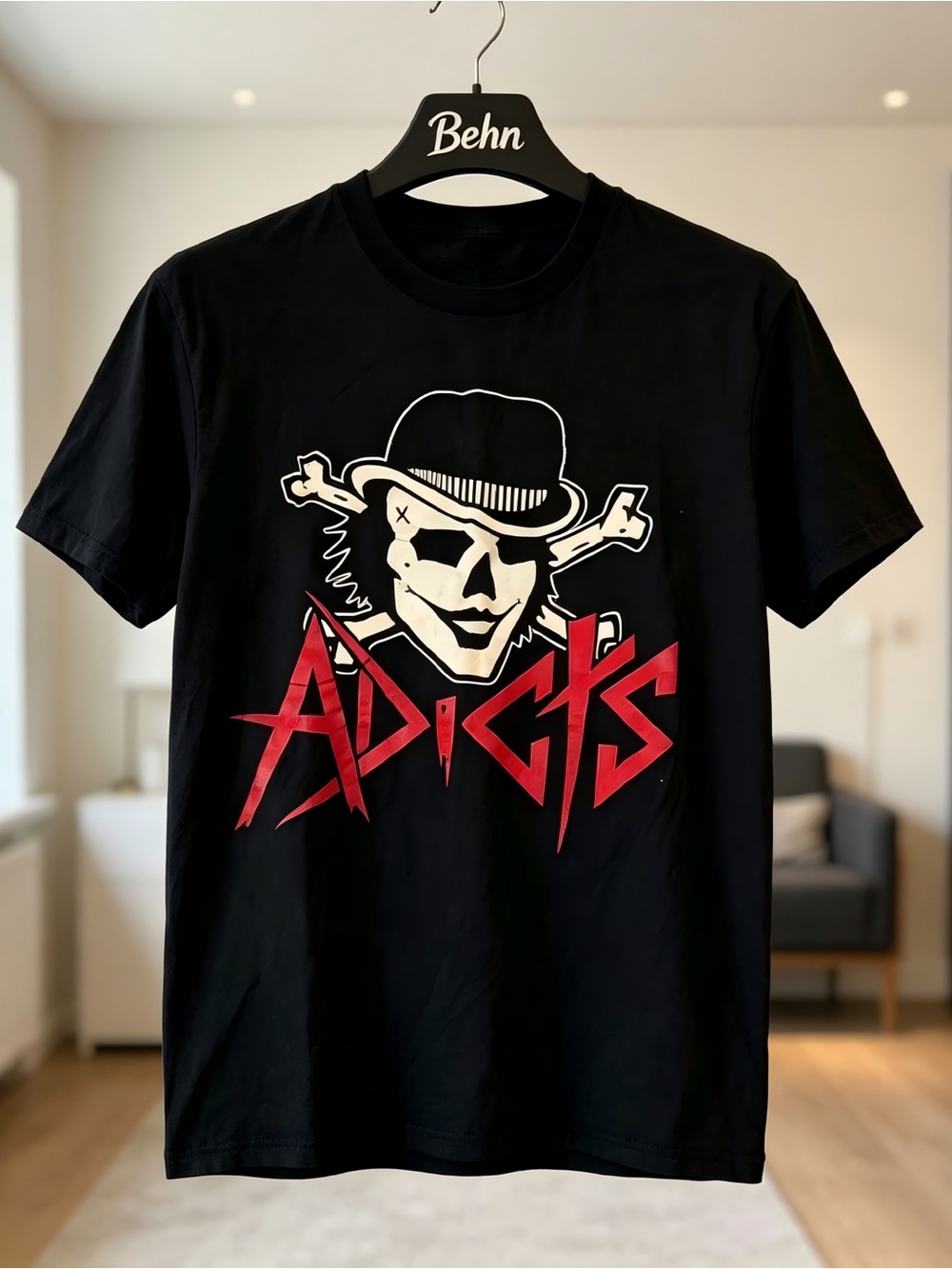 The Adicts Skull with Bowler Hat Punk Band Black Womens Mens T-shirt Unisex